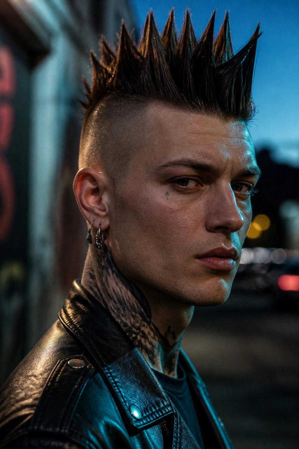 Close-up of a person with Liberty Spike Crop hairstyle on urban street at night.