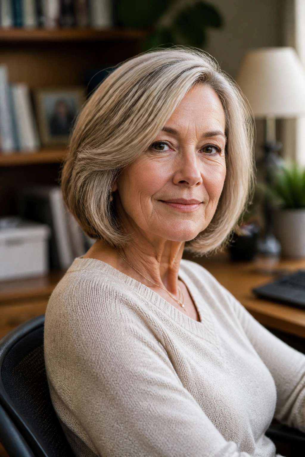 Older woman with a practical medium bob in a home setting showing easy-care style