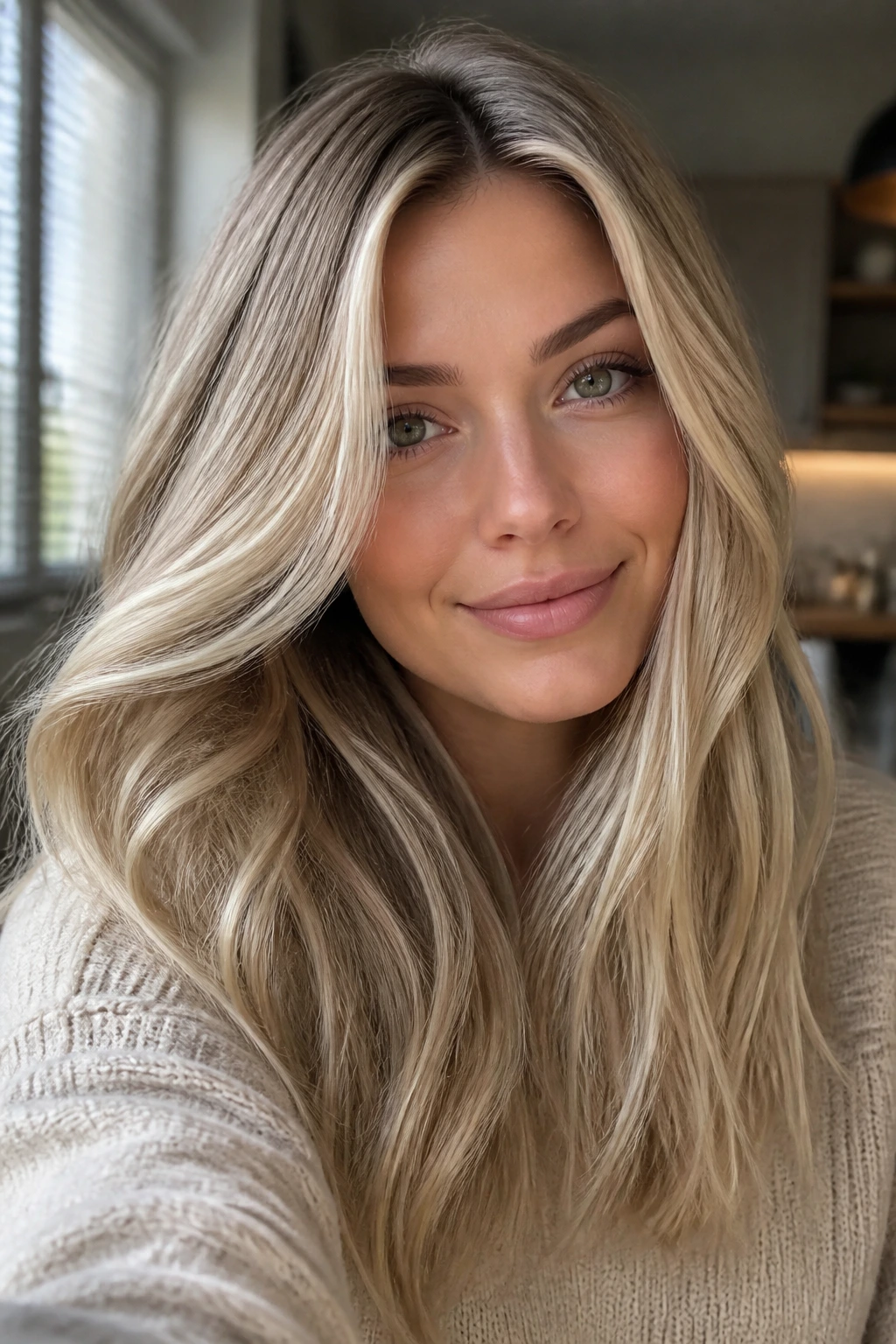 Portrait of a real woman with a soft champagne/pearl blonde shade.