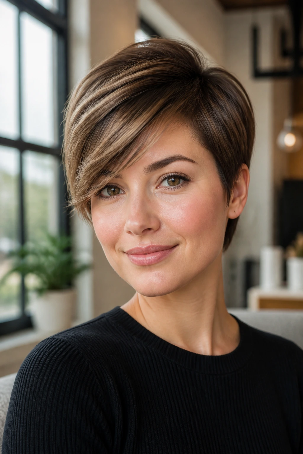 Portrait of a real person with a lift-focused short haircut for round faces