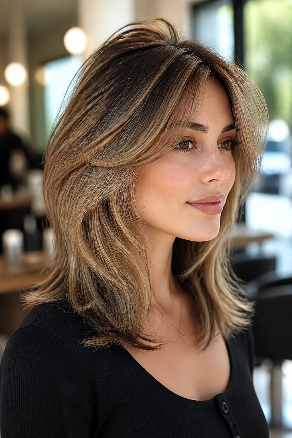 Close-up of a real woman with lift-at-the-crown layered haircut showing airy crown movement