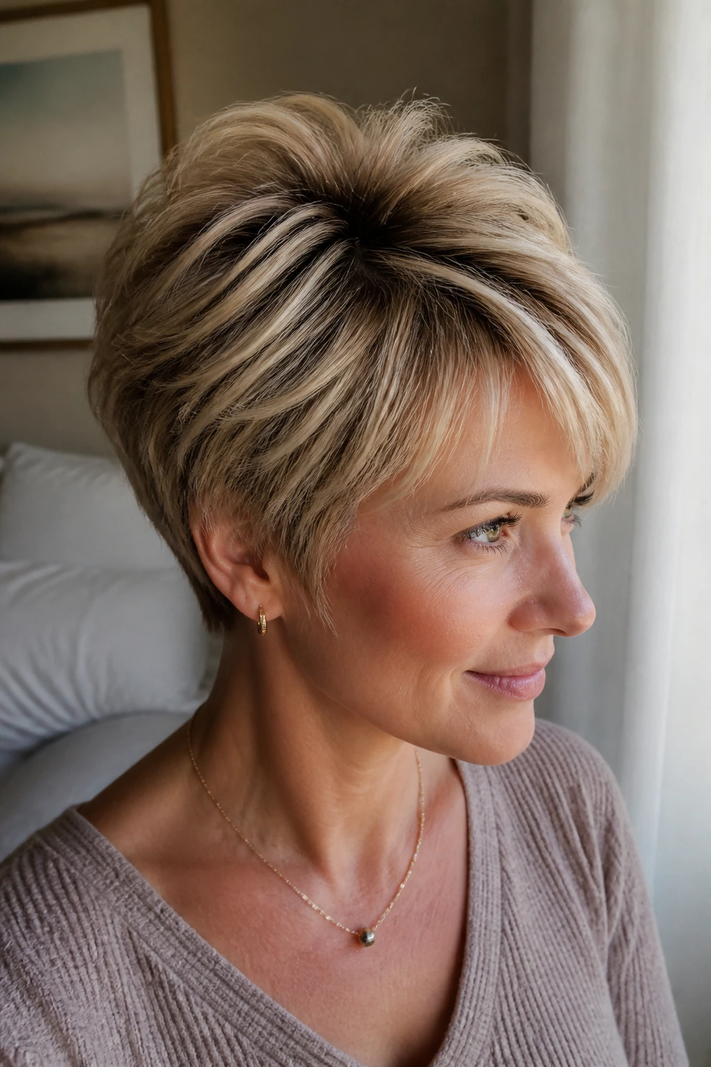 Close-up portrait showing lifted crown and perimeter for volume in thin hair