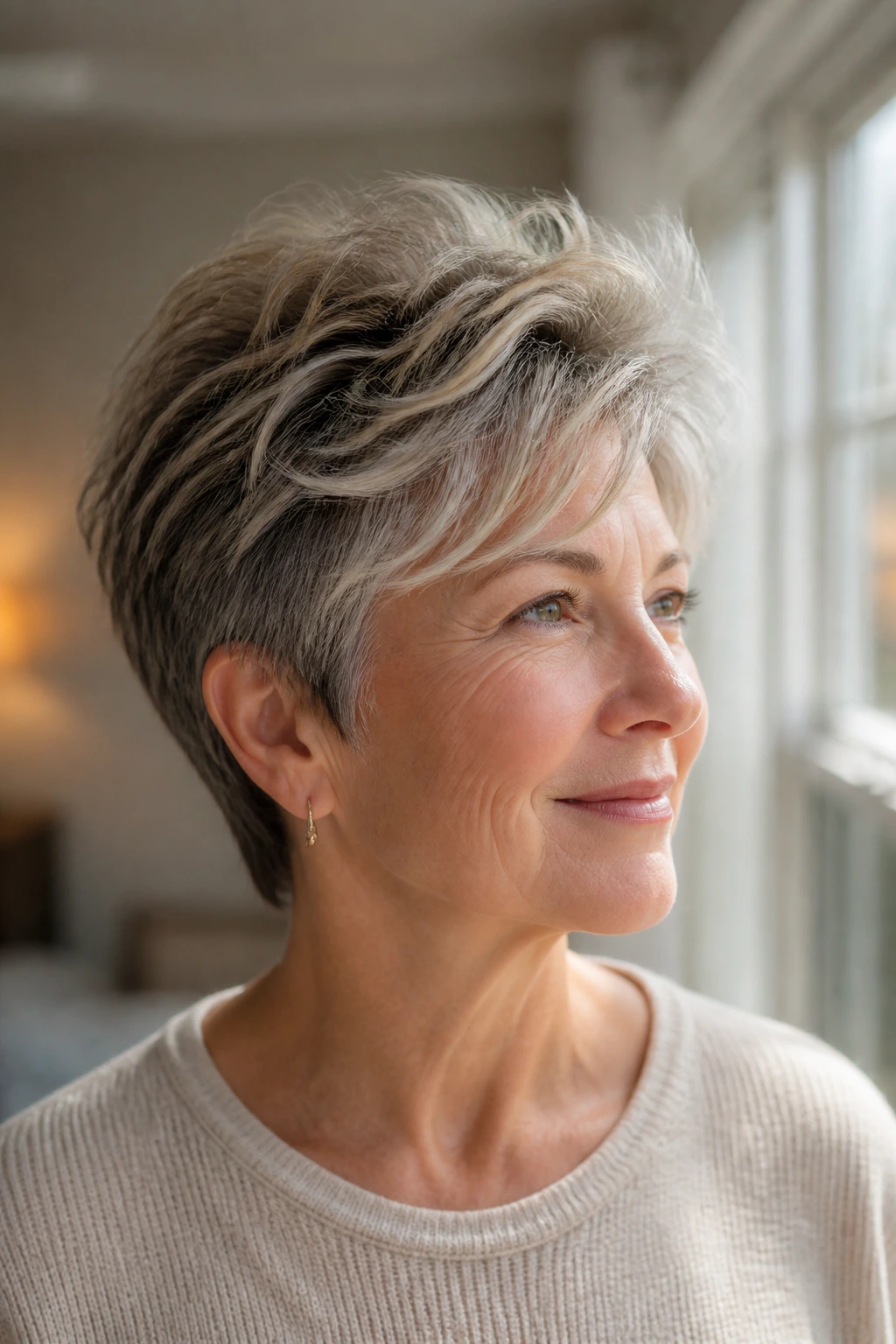 Real woman with lifted crown short cut in bright light
