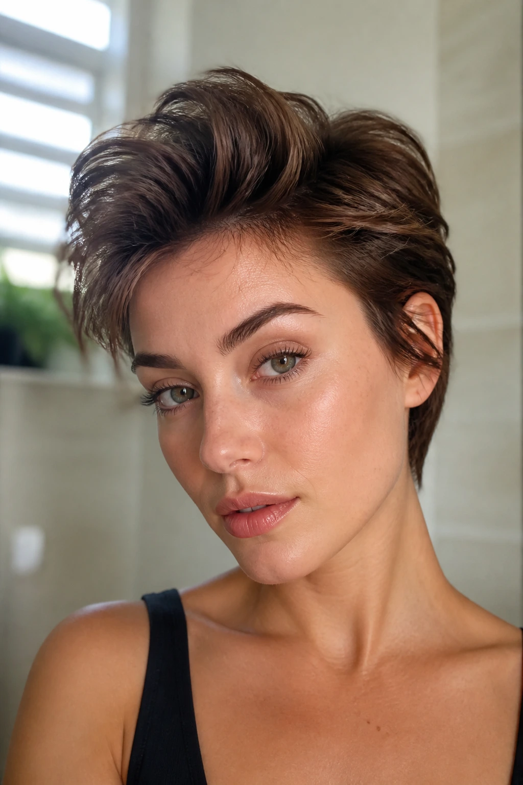 Portrait of a real person with lifted roots from mousse for 1980s short hair.