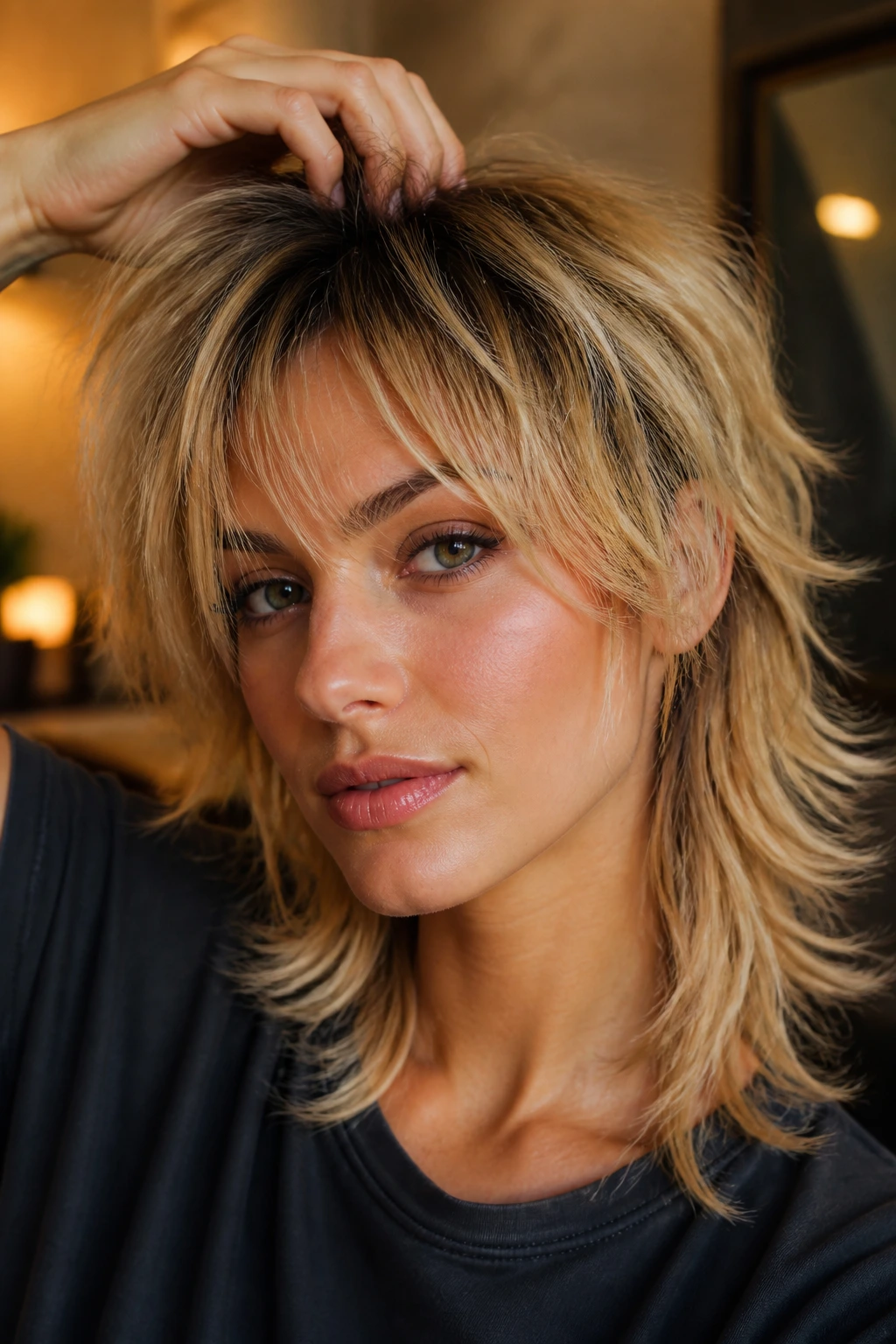 Close-up portrait showing lift at the crown and textured ends on a real person.