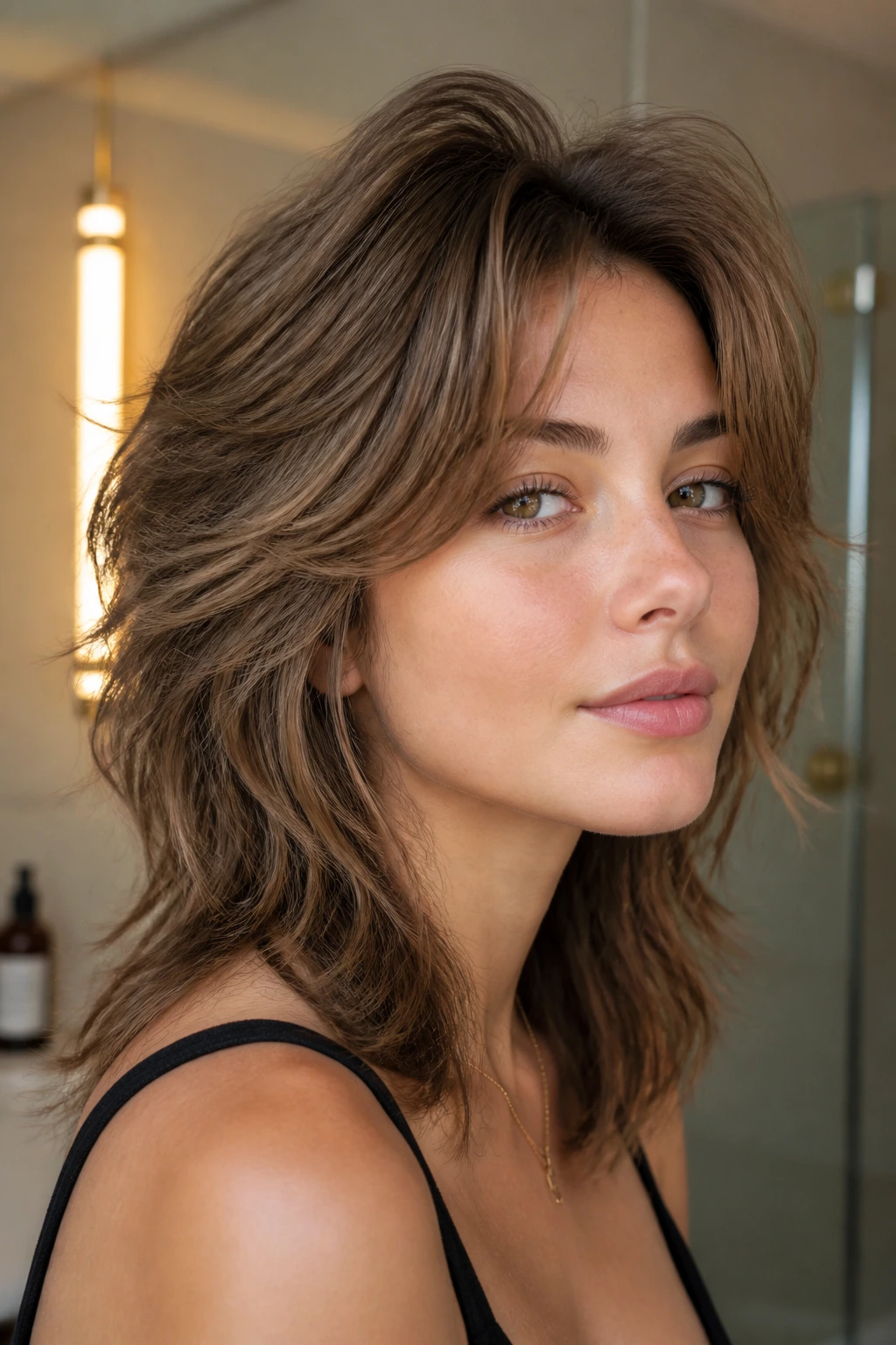 Close-up of a real woman with a lifted crown and textured ends