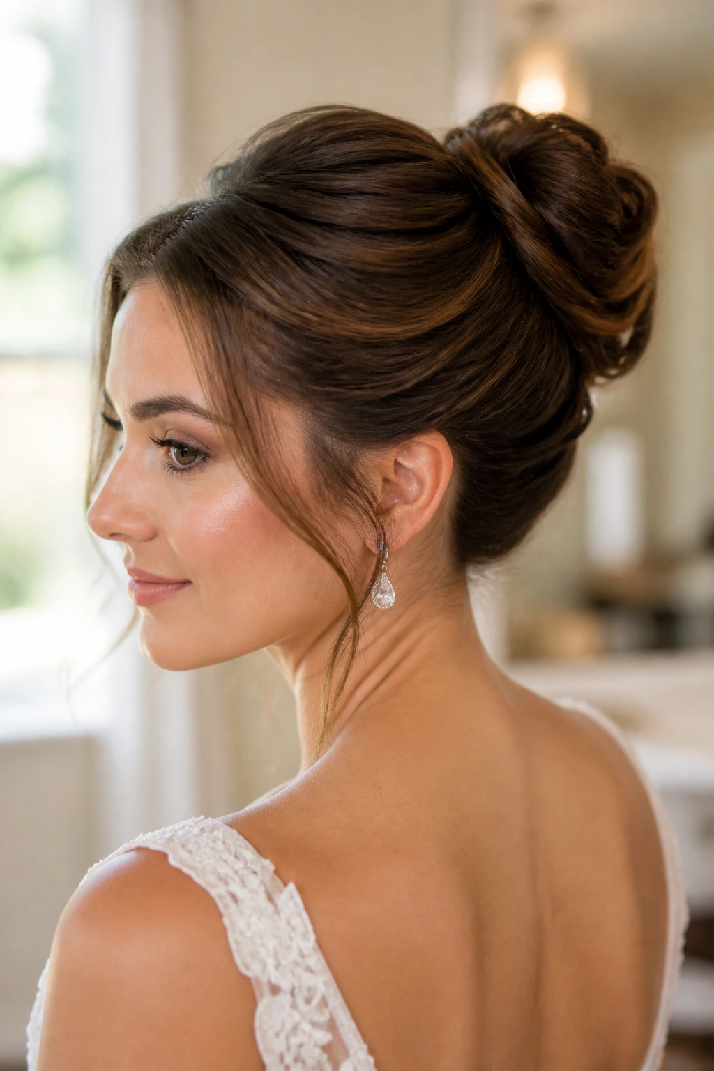 Bride's lifted bun with added volume, a variation for fine hair