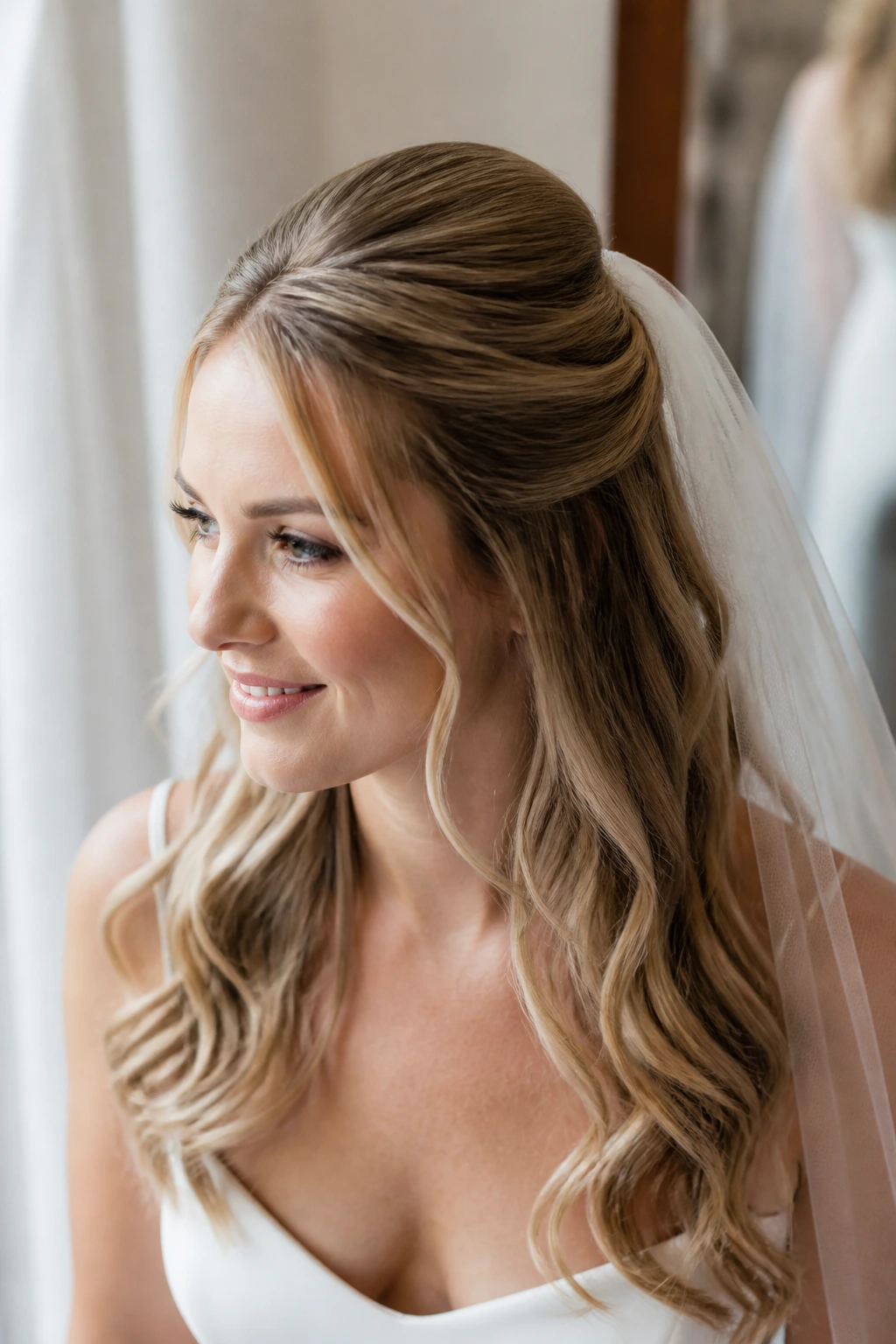 Bride with lifted crown half-up hairstyle, veil-ready look
