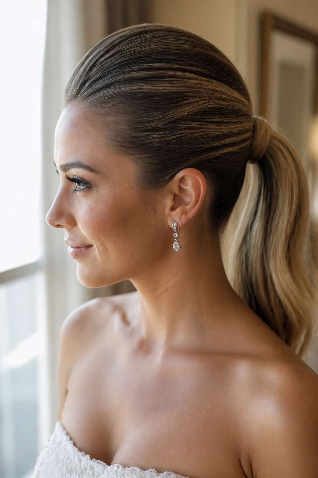 Close-up of a bride with lifted crown ponytail, sleek ponytail and hidden elastic