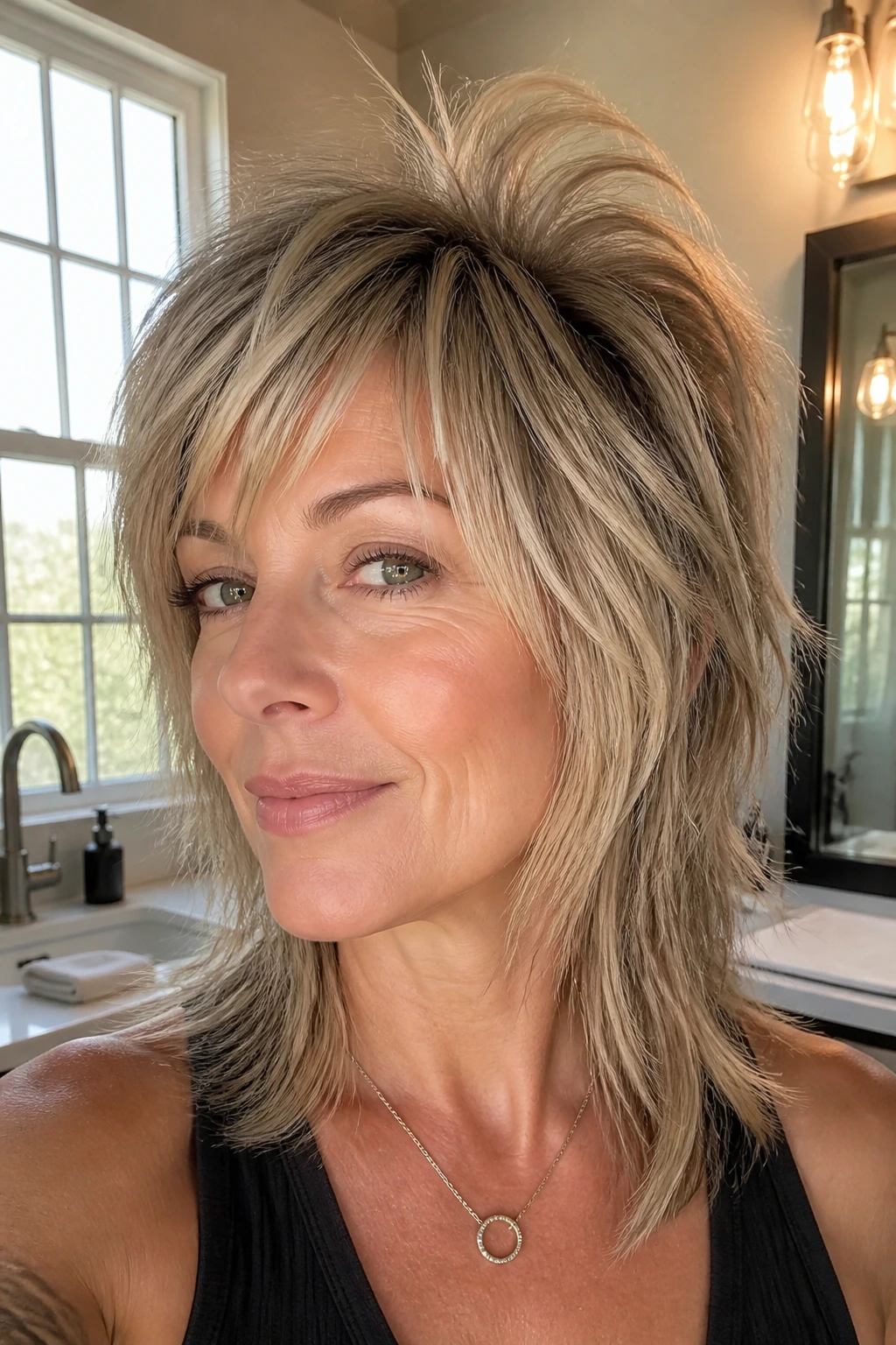 Close-up of a real woman with lifted crown shag under bright window light