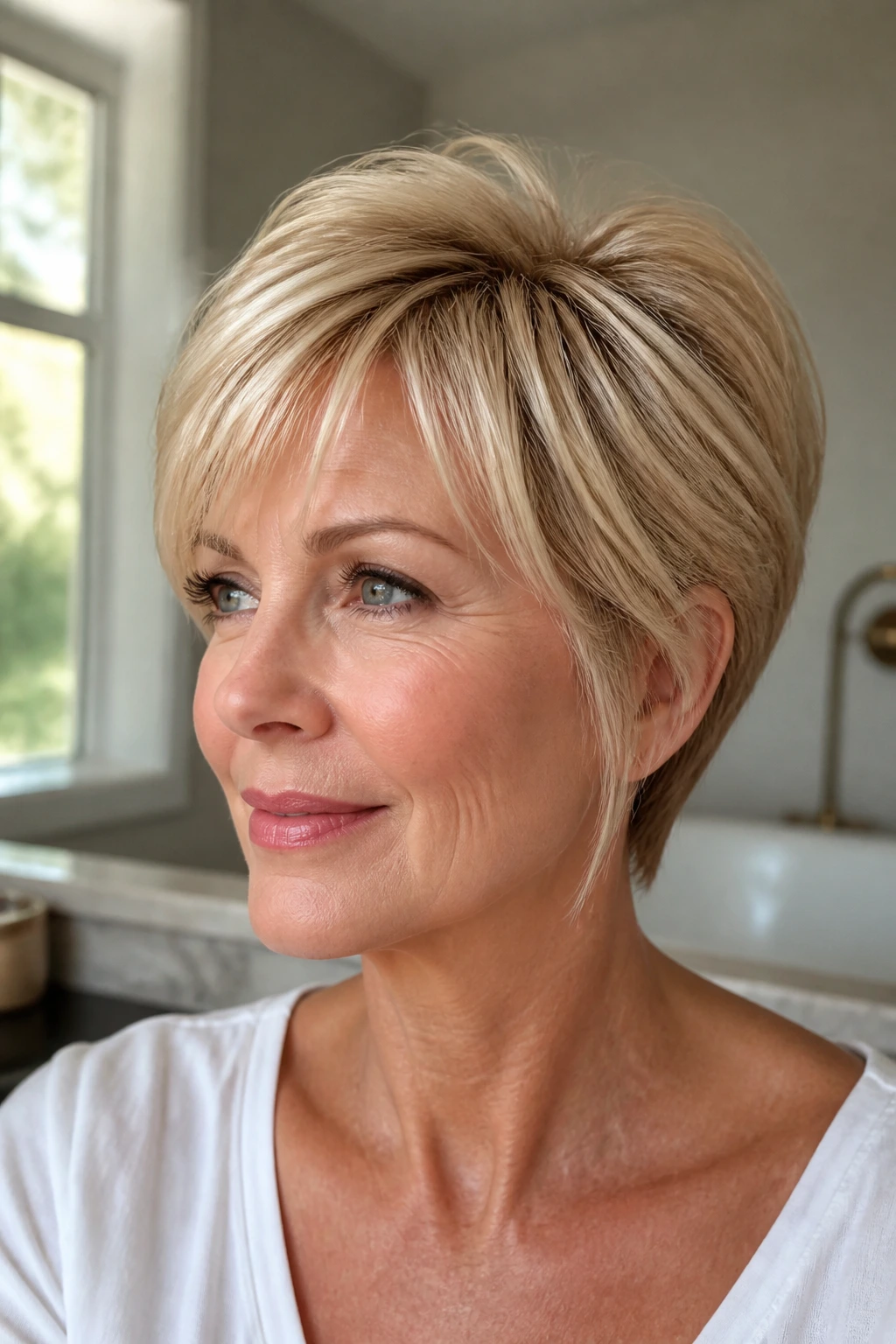 Close-up portrait of a real woman with lifted crown on short blonde cut