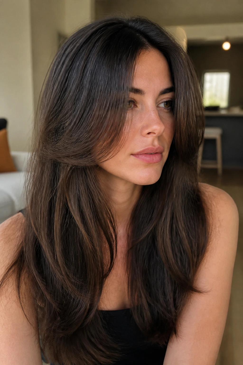 Real person with lifted layers for heavy hair showing lifted front around cheekbone