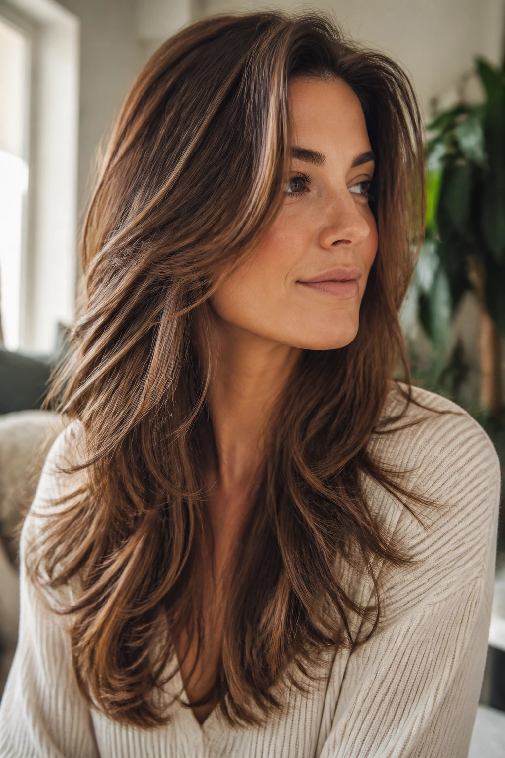 Close-up of a real woman with long layers lifting the crown for fullness