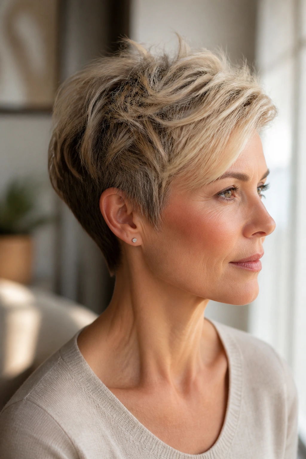 Close-up of a real woman's fine hair lifted pixie with lifted crown in bright light