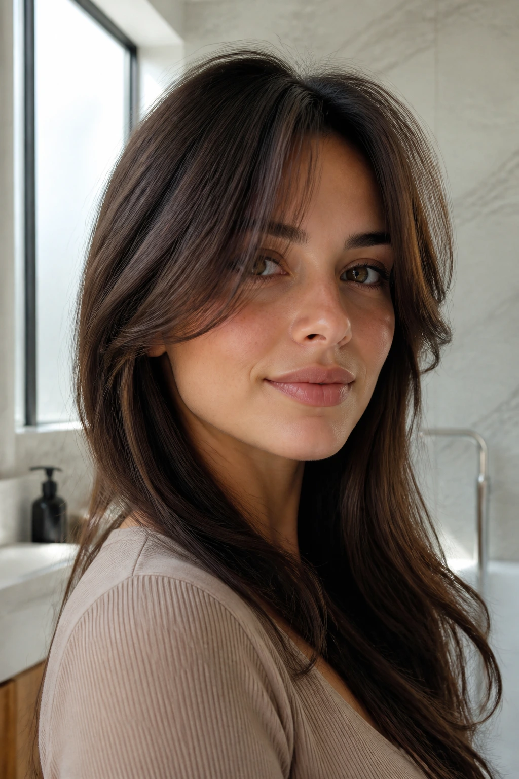 Close-up portrait of a woman with lifted-root curtain bangs creating vertical space in soft light