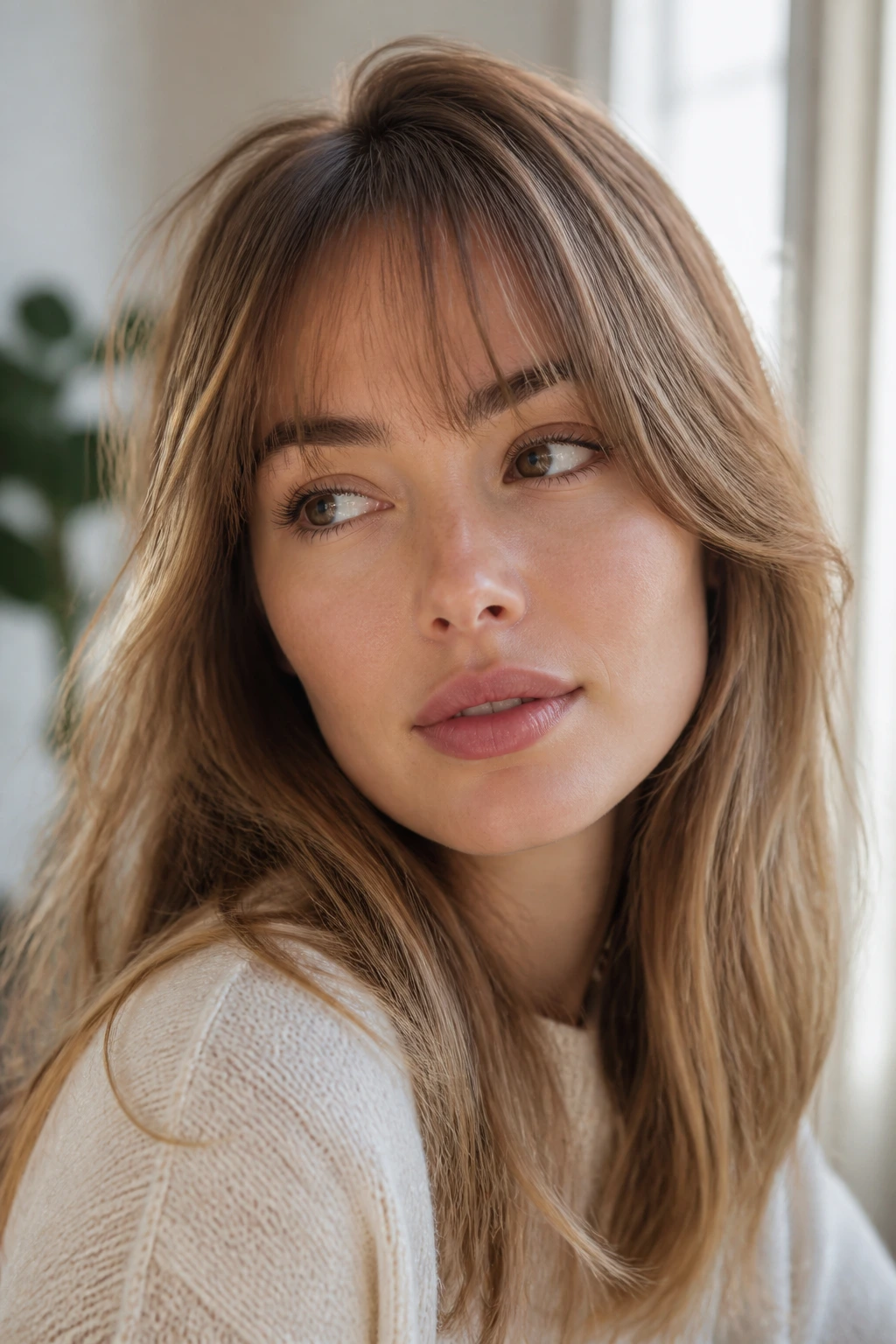 Portrait showing light, airy bangs that reveal the forehead, creating more space around the face.