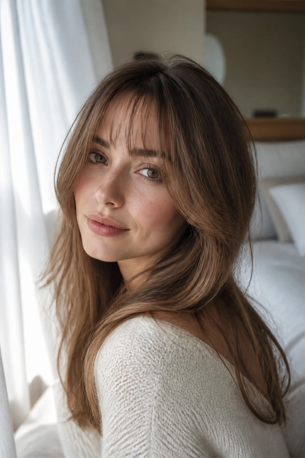 Close-up portrait of a woman with soft light bangs framing her face.