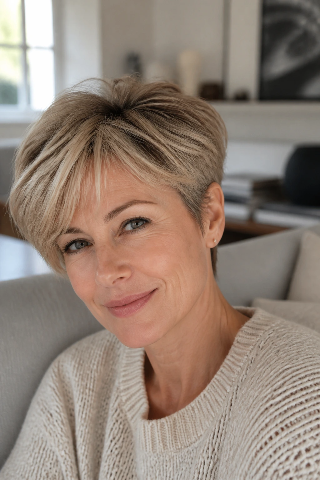 Real woman with feathered short hair in a cozy living room