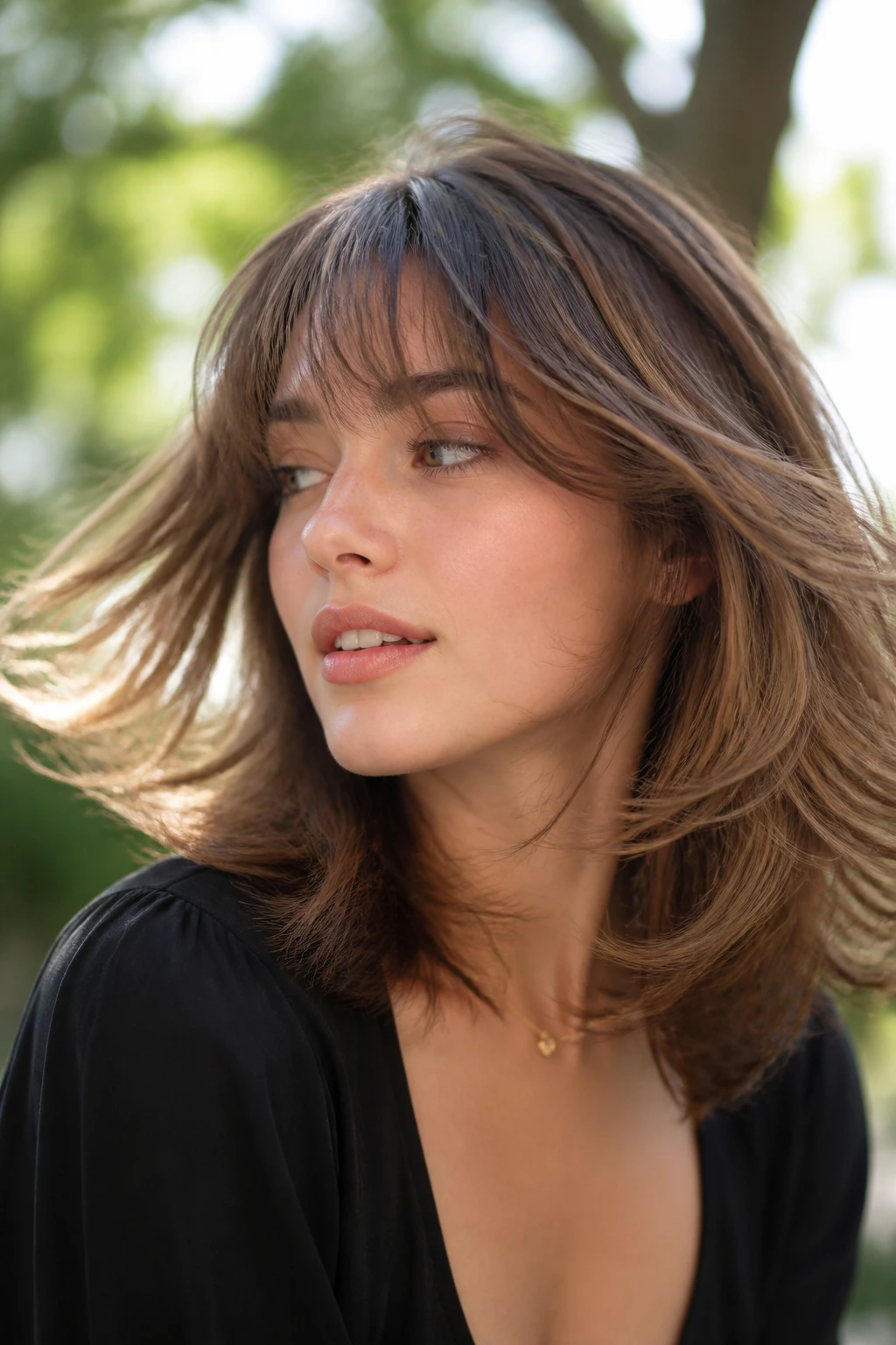 Portrait of real woman with Light Fringe, Big Movement Butterfly showing airy fringe and flowing layers in motion