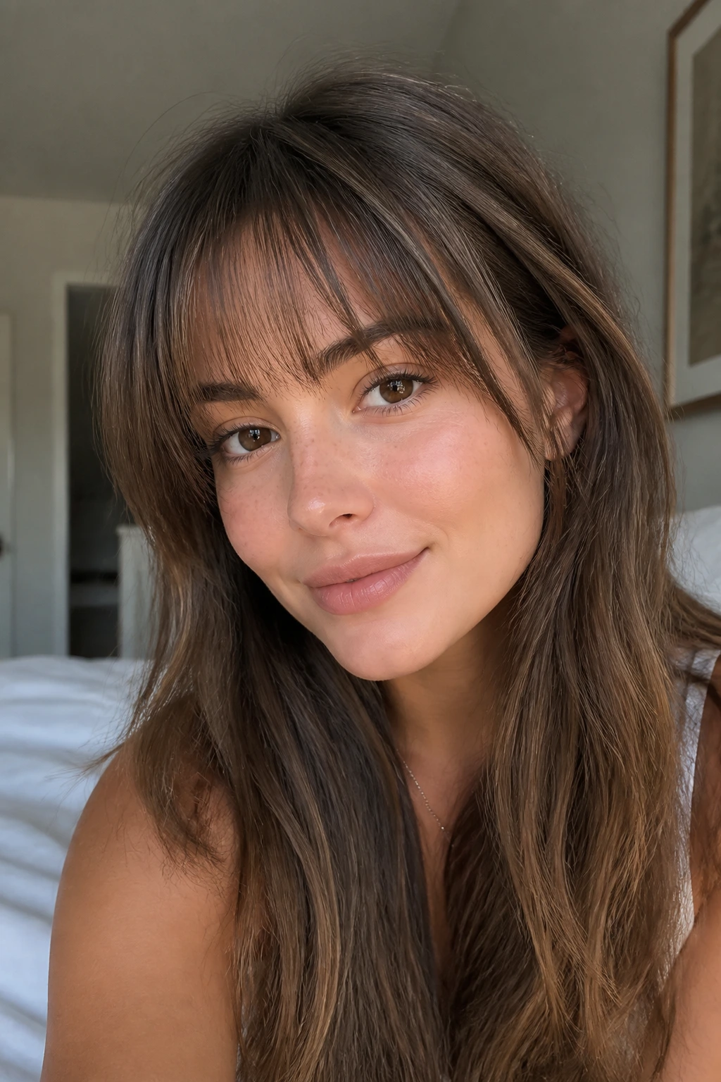 Close-up of a person with a light fringe on fine hair