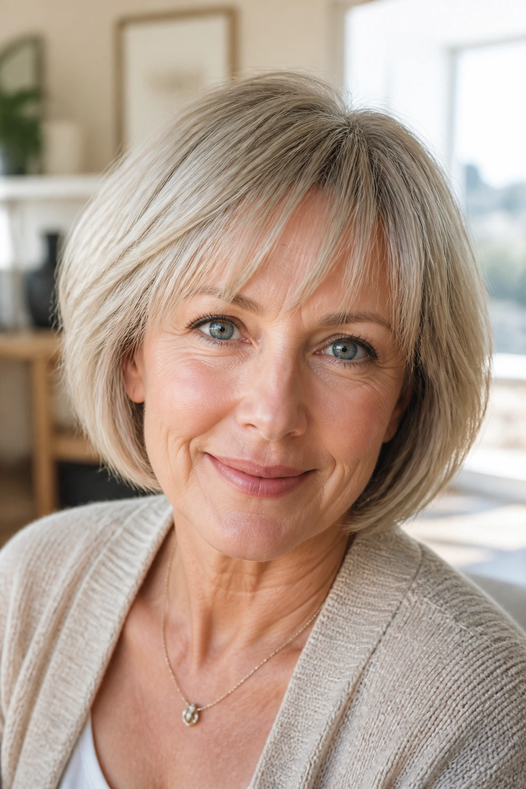 Portrait of a woman with a light fringe on thin hair.