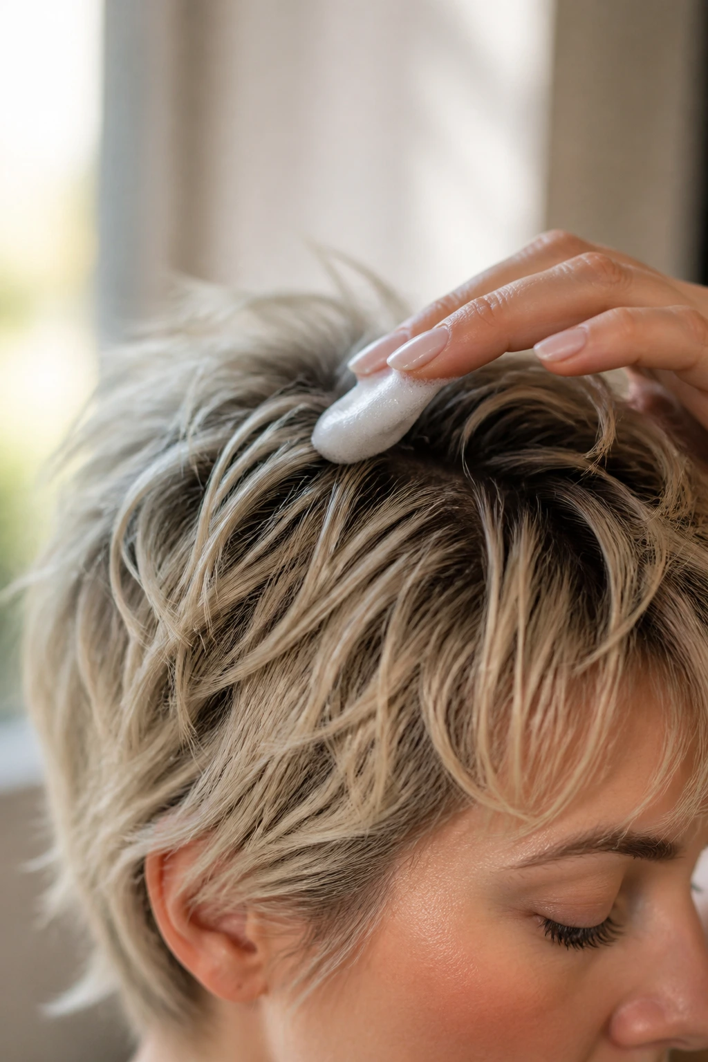 Hand applying light mousse to fine hair at the crown.