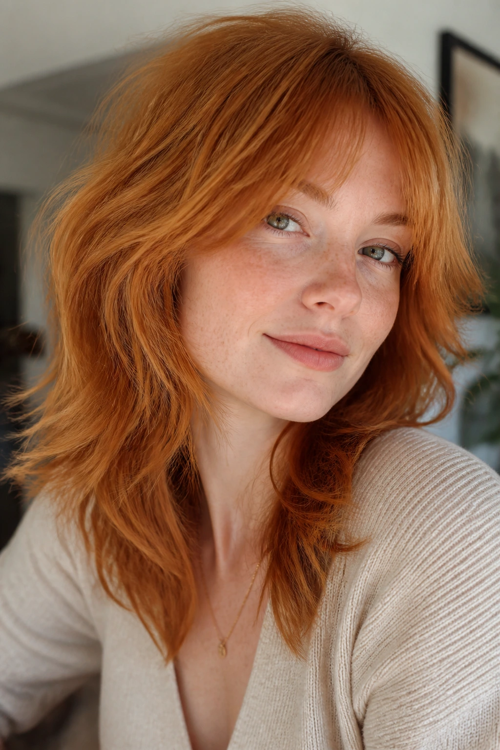 Close-up portrait of real person with light shag on fine red hair