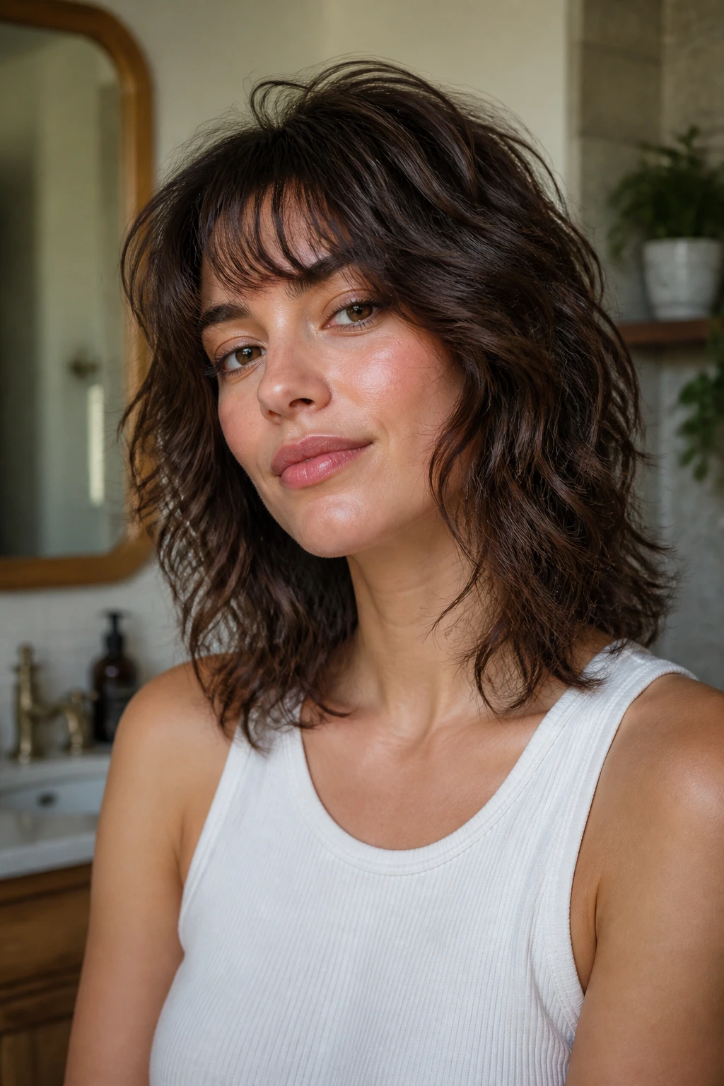 Portrait of a real person with a light-weight shag on wavy hair in a cozy home setting