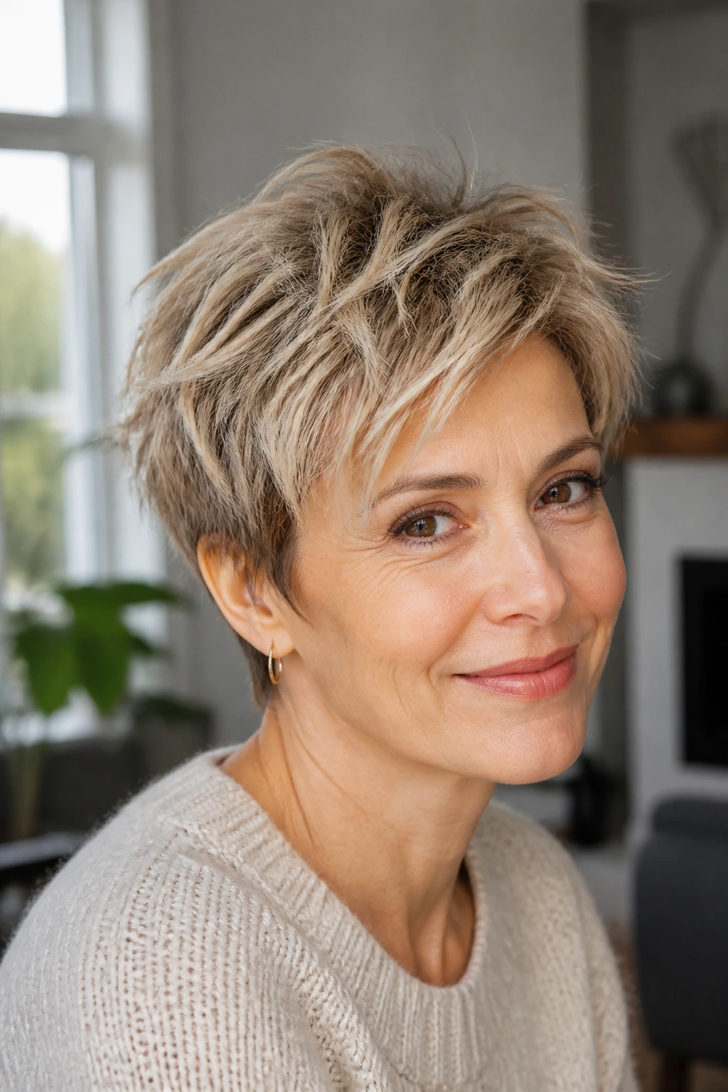 Portrait of a real woman with a light, lift-friendly short haircut in a bright home setting