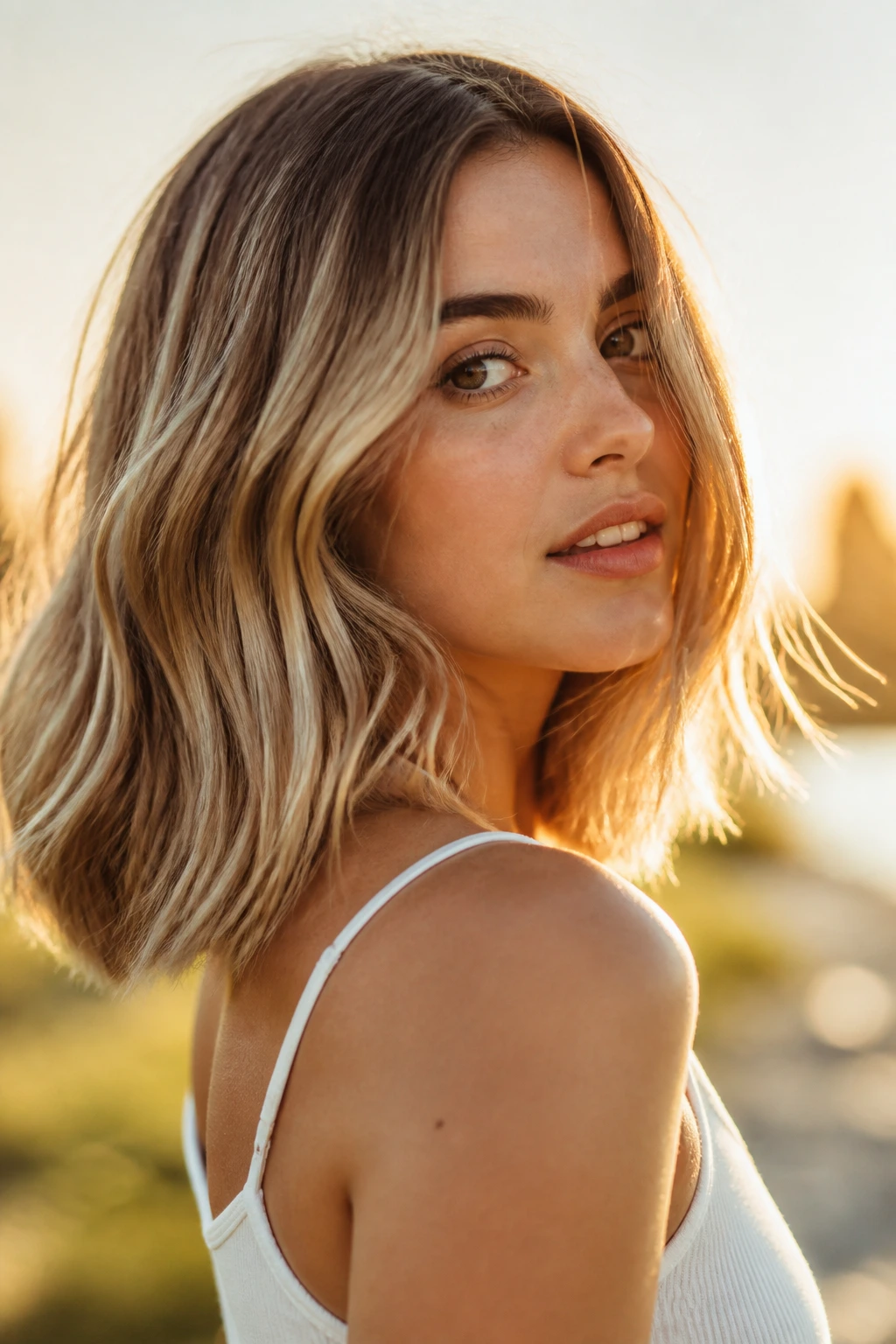 Portrait of a swingy, light lob in golden hour light