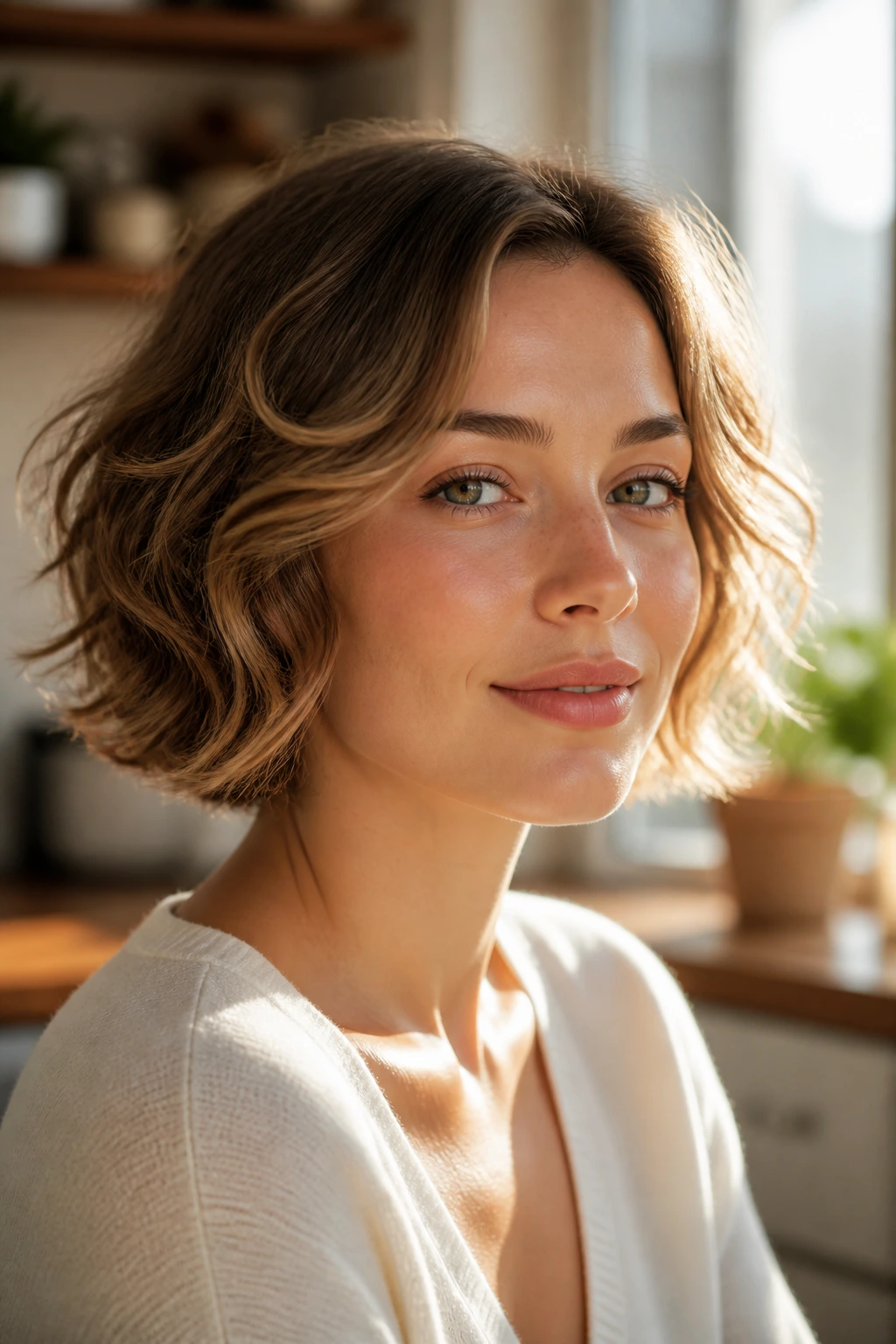 Real person with light, airy short wavy hair.