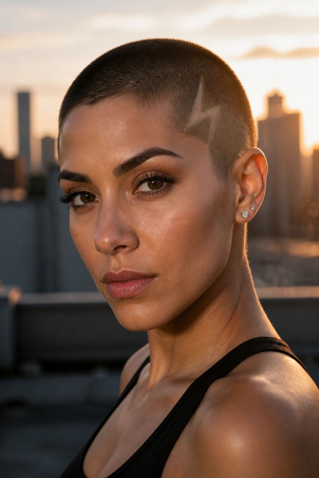 Real woman with a lightning bolt design shaved into a buzz cut