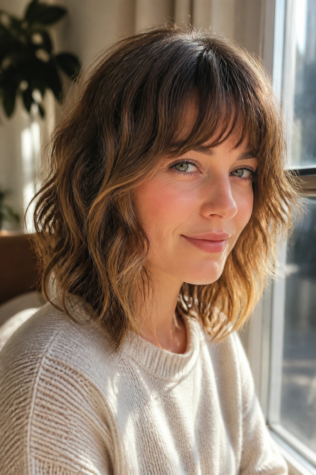 Close-up portrait of a real woman with lightweight shag for fine waves