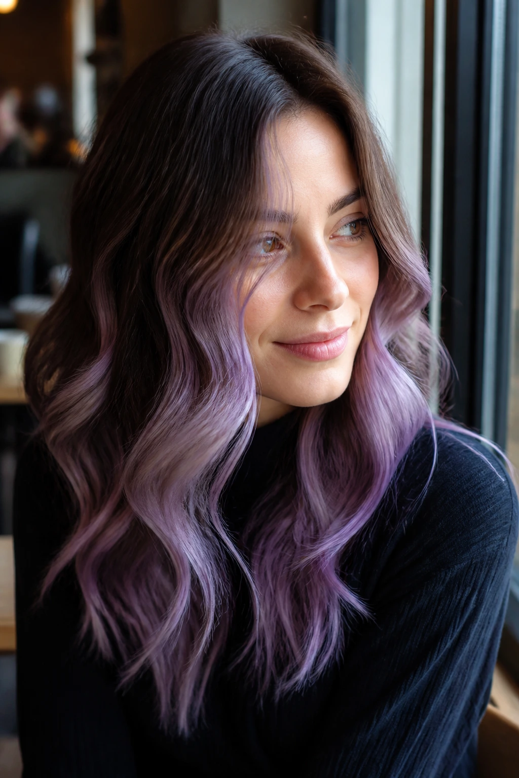 Real woman with brown hair featuring lilac balayage ribbons in soft light