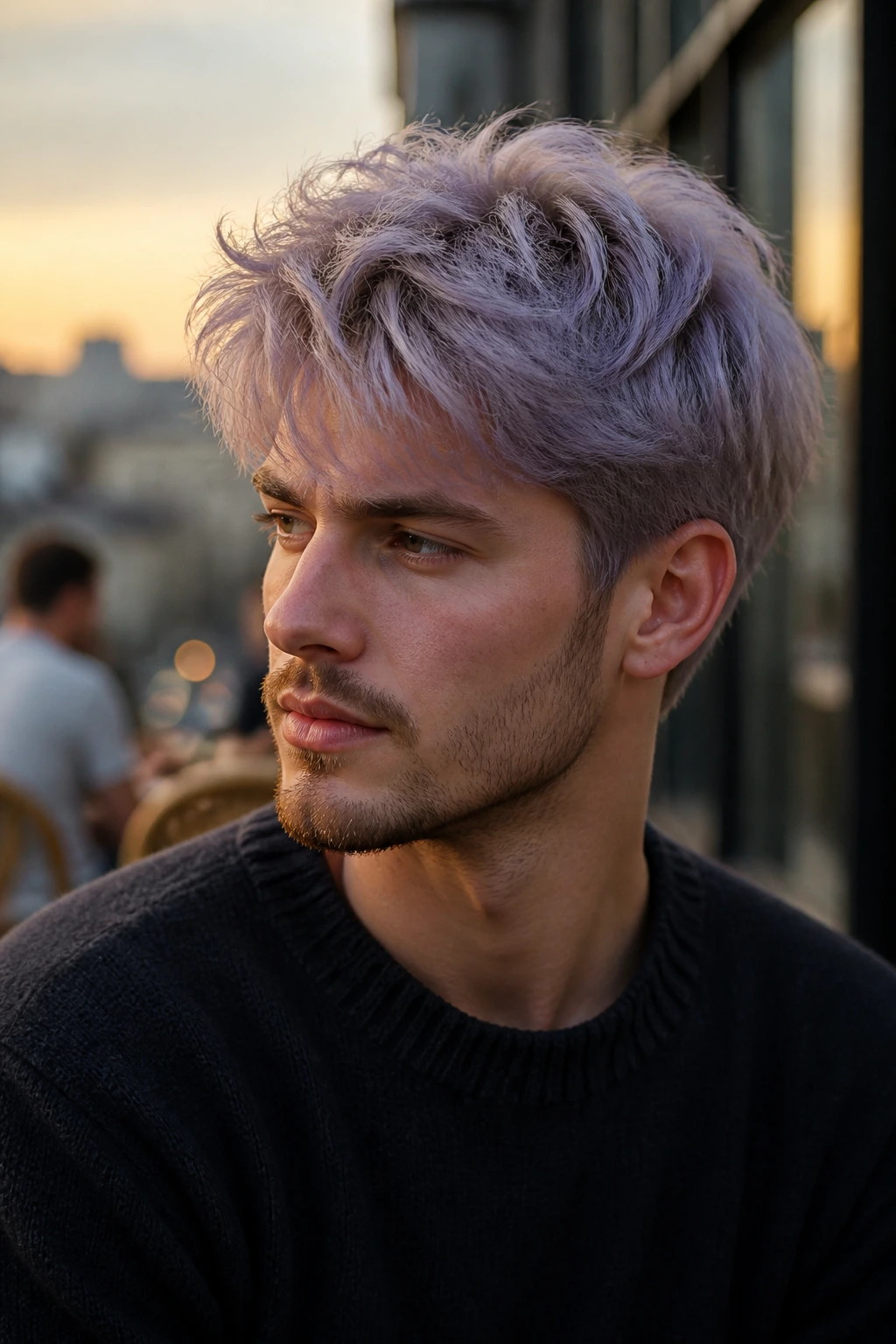 Medium close-up of a man with lilac smoke hair on top in a sunny outdoor cafe