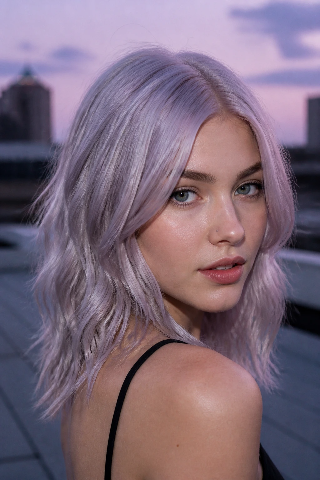 Close-up of a real woman with lilac smoke hair on a light blonde base