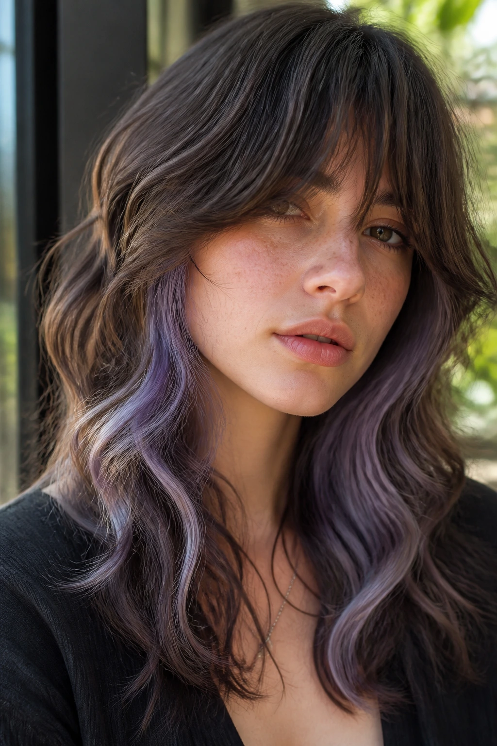Close-up of real person with lilac peeks under soft wavy wolf cut