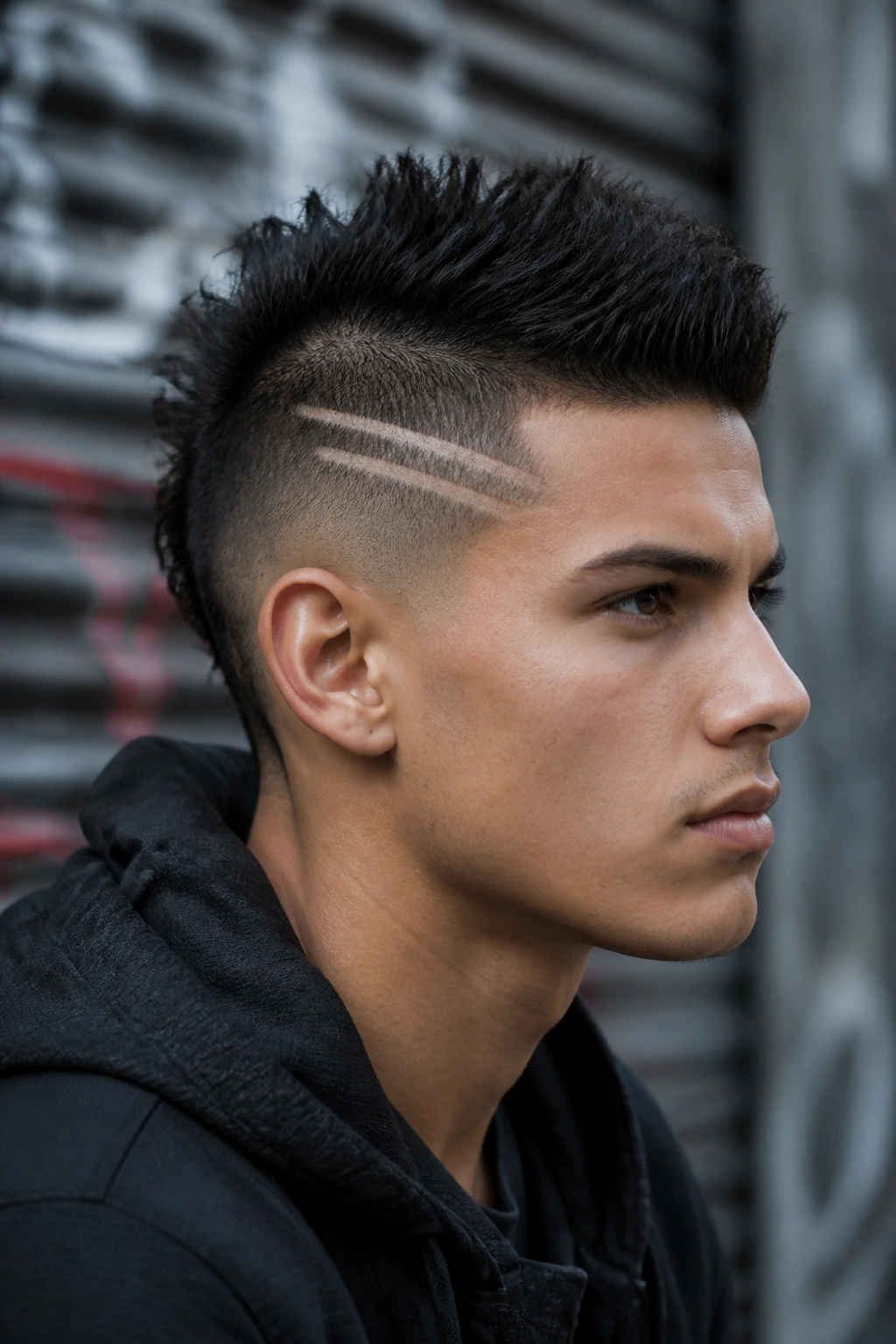 Portrait of real person with line design hawk shaved lines in fade