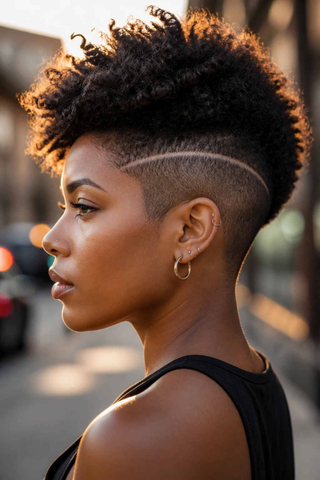 Profile shot of a person showing a single line design on the shaved side.