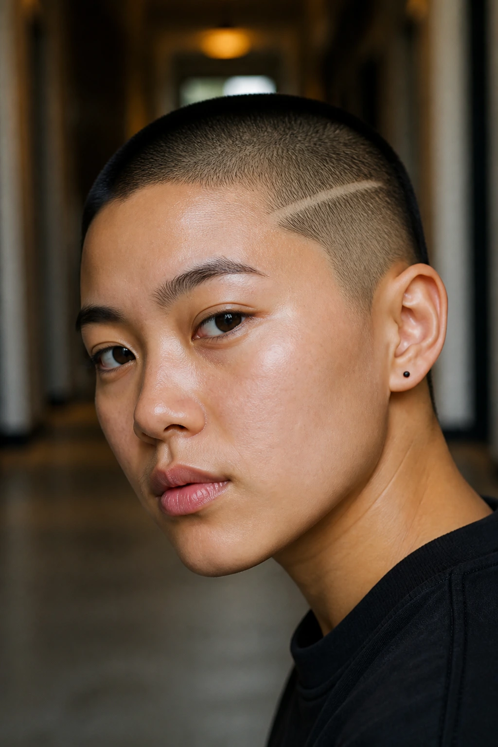Close-up portrait of a real person with a line-detail buzz cut in an urban interior.