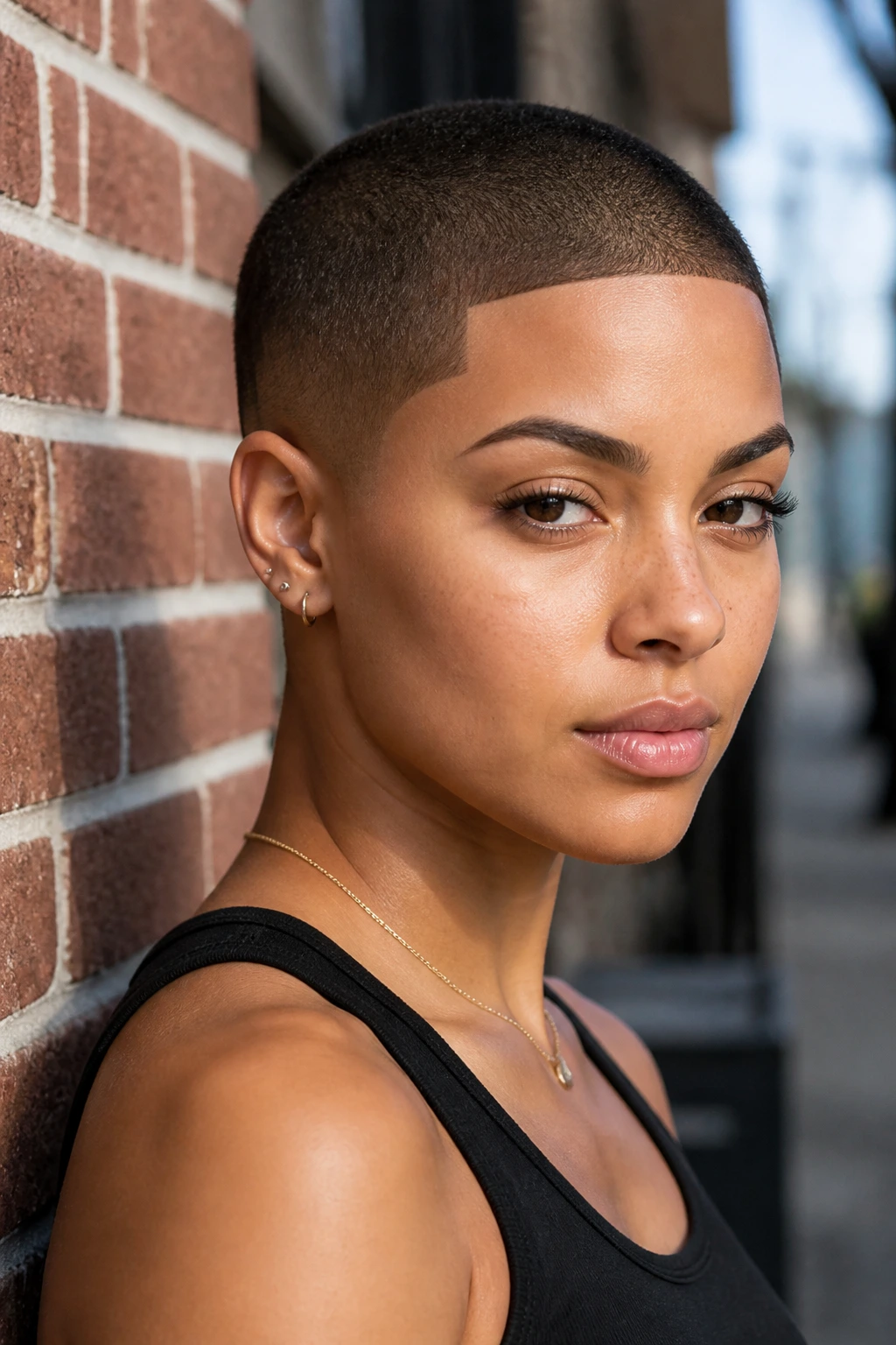 Close-up portrait of a real woman with a line-up buzz cut