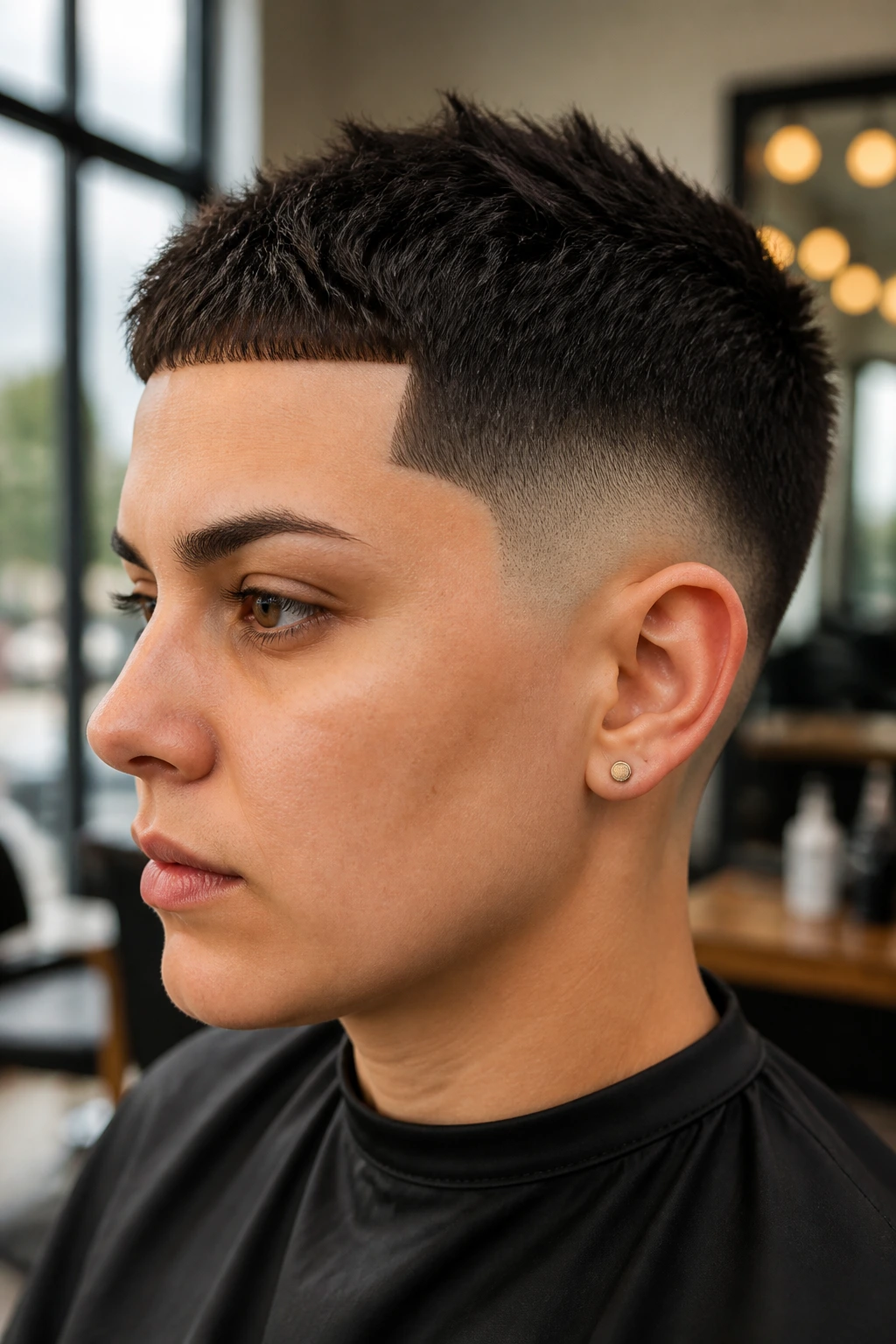Close-up of a real person with line-up crop and temple fade, crisp edges and textured top.