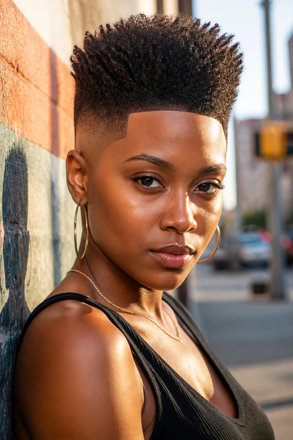 Close-up of a real Black woman with line-up high top fade and crisp edges
