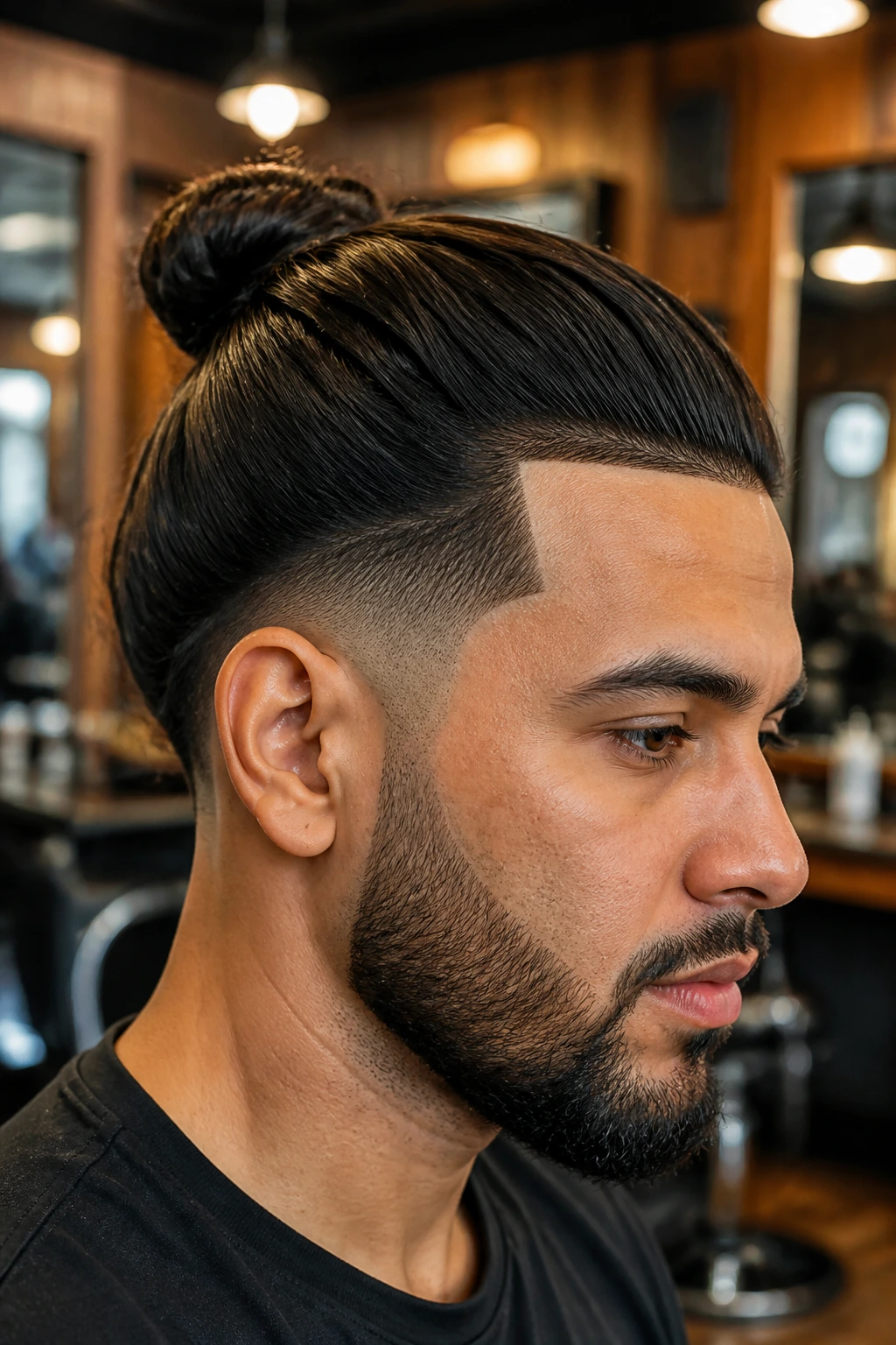 Close-up portrait of a man with a line-up knot hairstyle