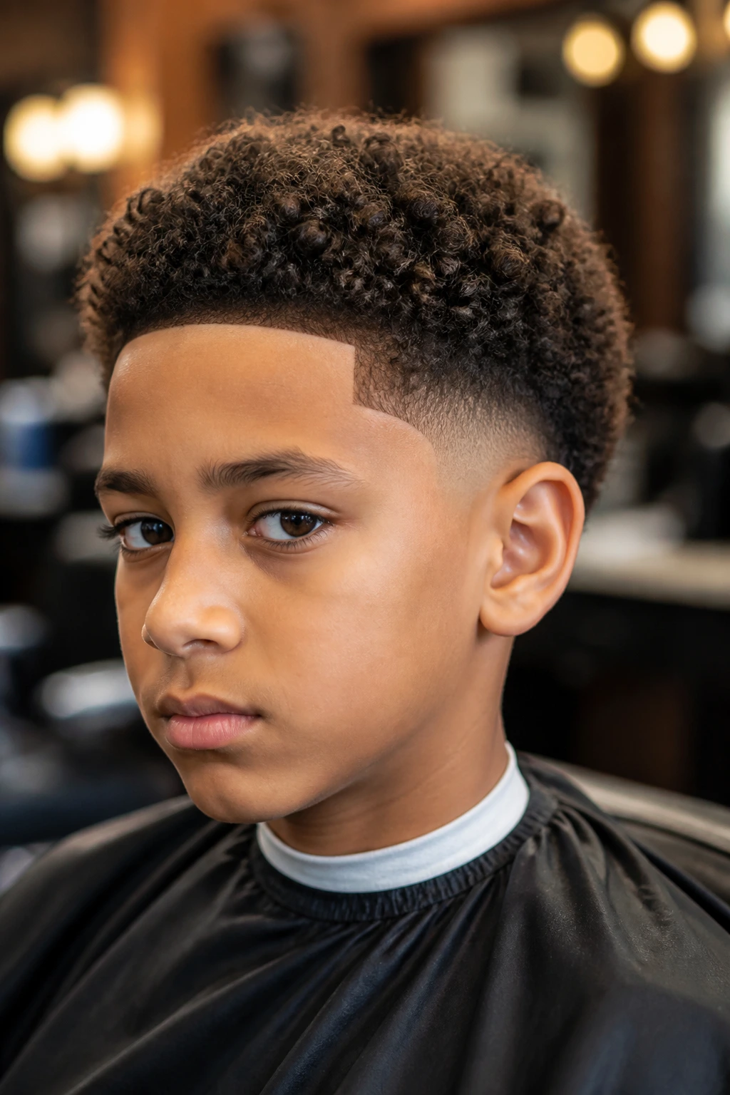 Close-up of a boy with a line-up and natural coils.
