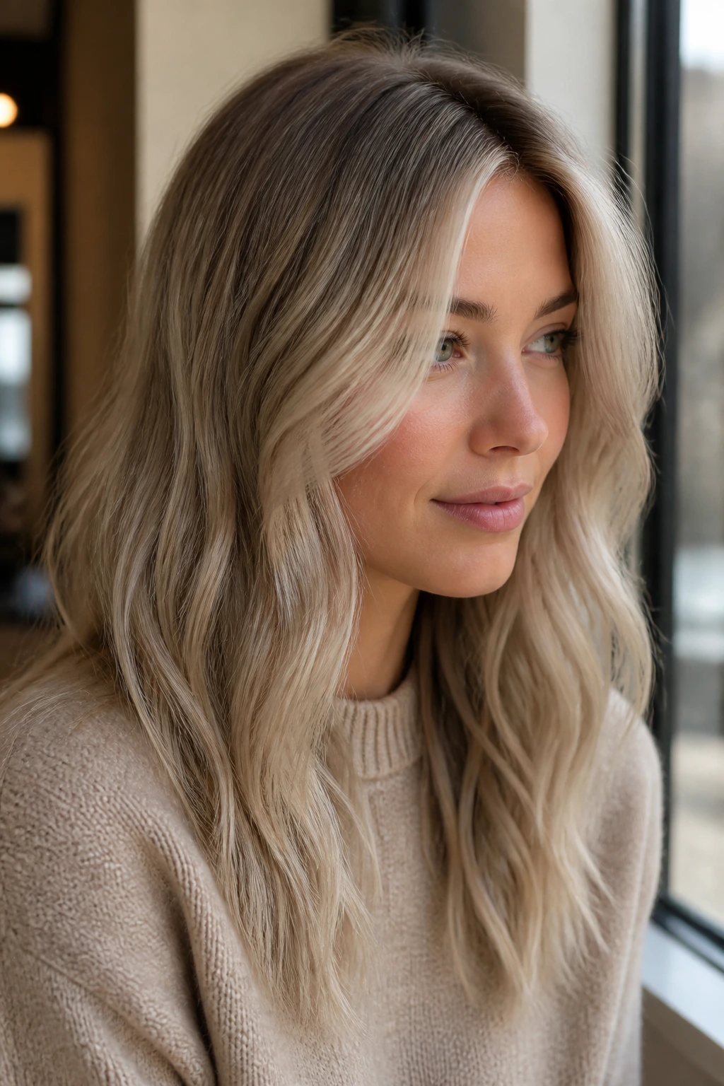 Close-up of linen beige on dark blonde hair with a soft, dry finish and cool undertones.