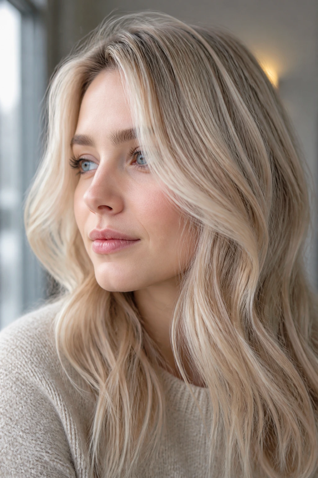 Real woman with linen blonde babylights in natural window light