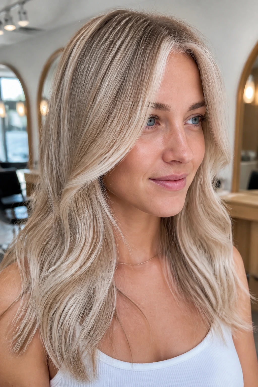 Linen blonde with pale dimension on real woman, close-up portrait