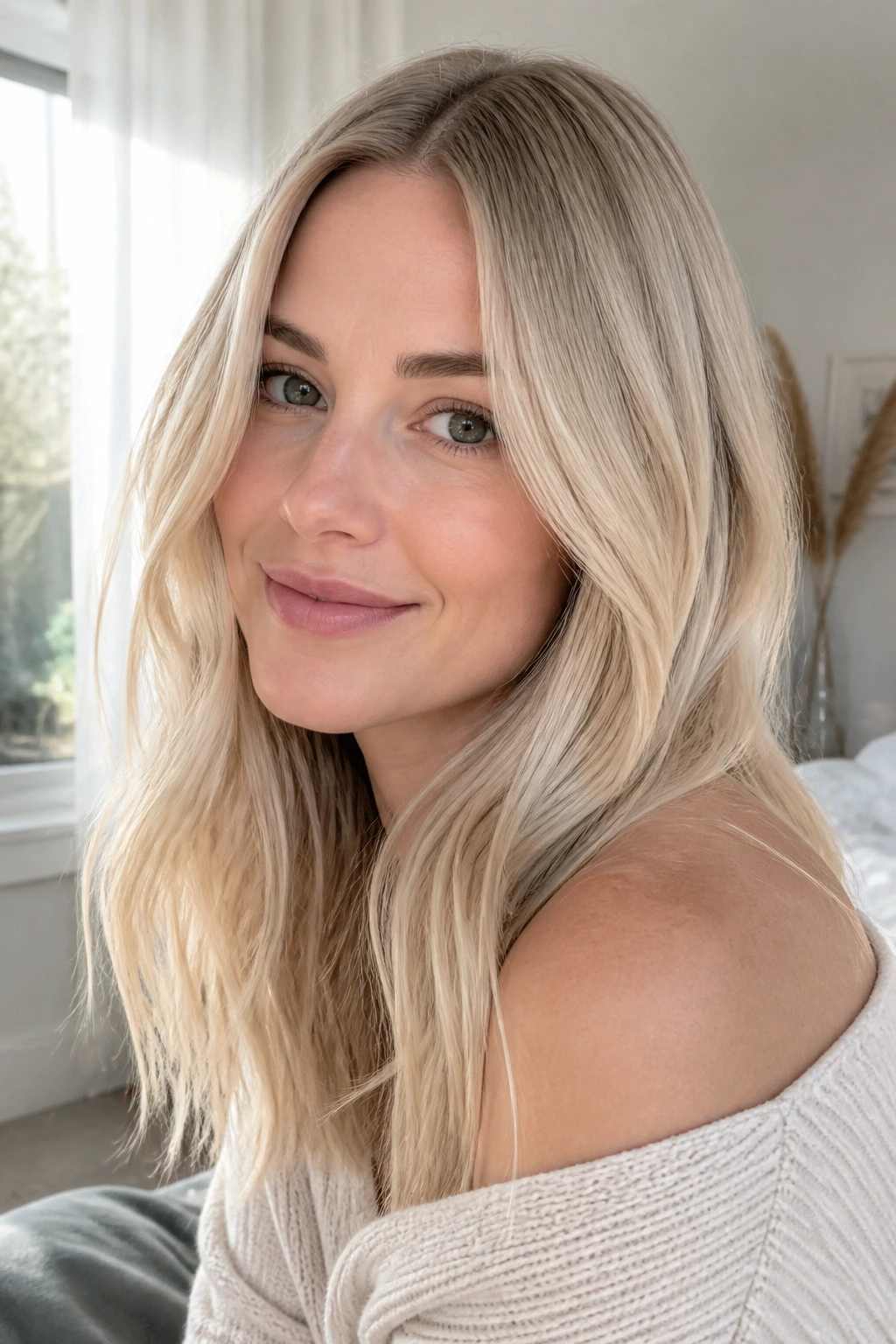 Close-up portrait of a real woman with linen blonde hair, pale airy tone and soft highlights.