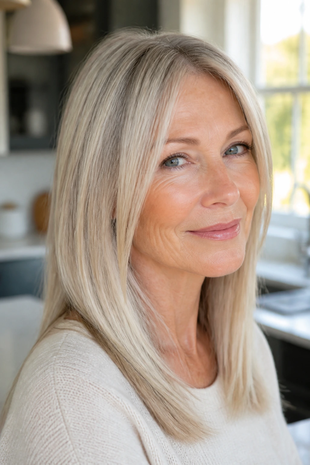 Close-up of a woman with linen-blonde highlights on fine straight hair in a bright setting.